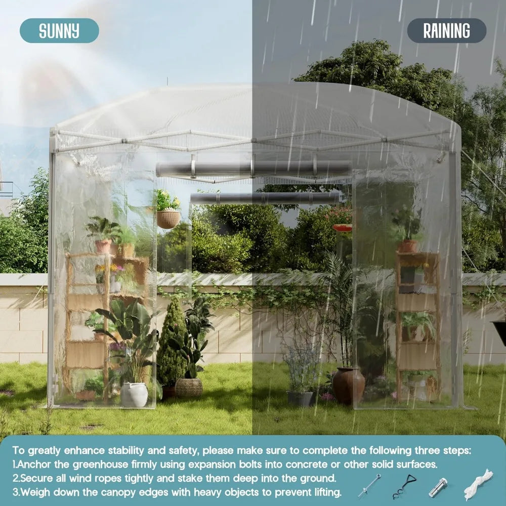 10×10×8.5 FT Outdoors Pop-up Greenhouses with Adjustable Reinforced Frame, Portable Walk in Greenhouse with 2 Roll-up