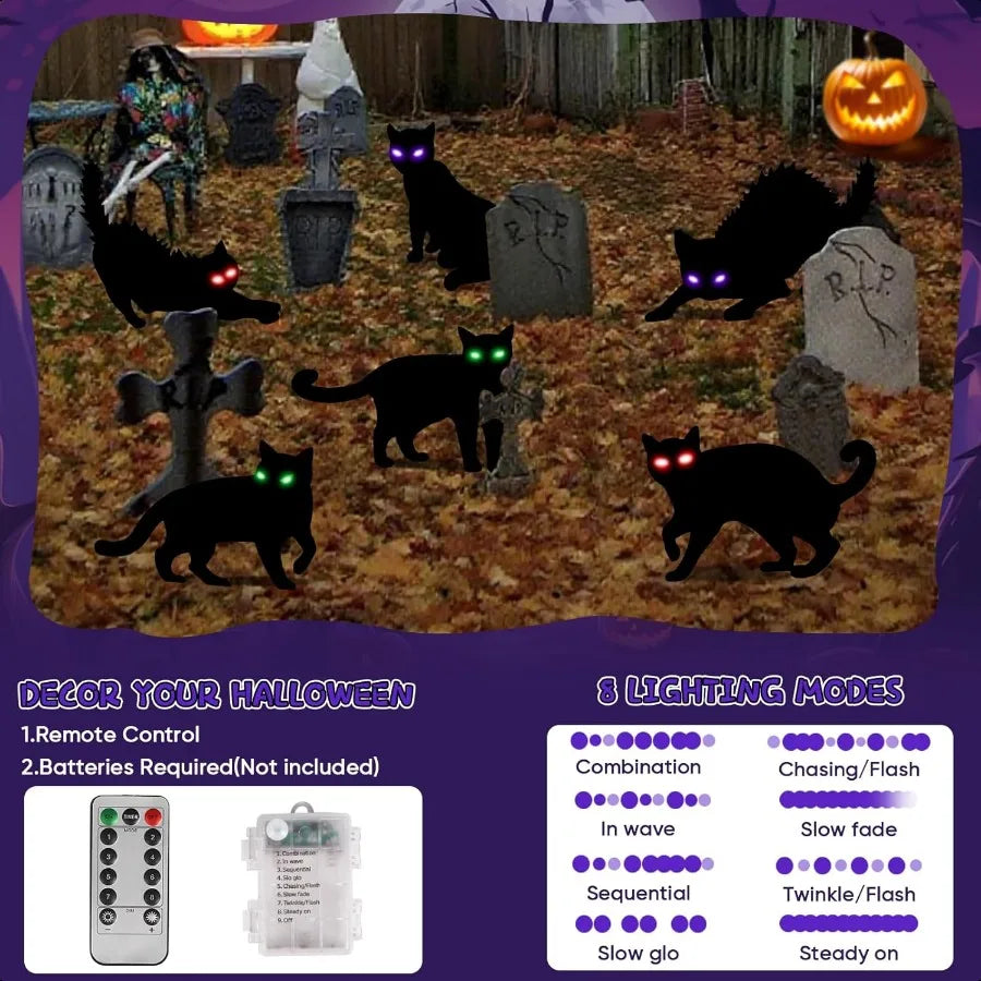 6Pack Black Cat Halloween Decorations Outdoor with LED Glowing Eyes Lights Black Cat Yard Stakes Halloween Decor Waterproof Out