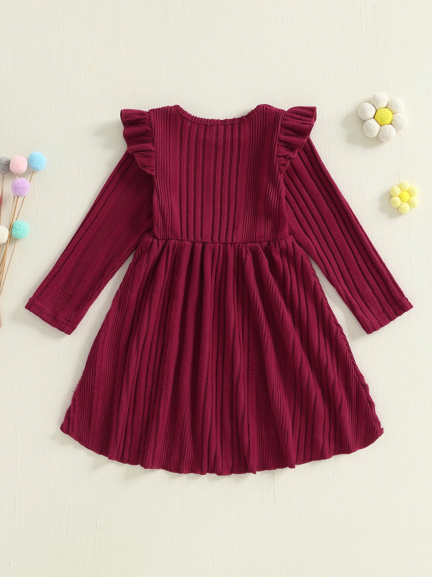 Toddler Girl Winter Sweater Dress Warm Knitted Long Sleeve Ruffle Hem A-Line Dress Casual Solid Color Baby Clothes Cute