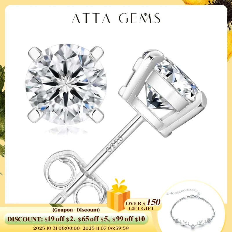 ATTAGEMS D VVS1 Moissanite Four Claw Earrings For Women Man S925 Sterling Silver Sparkling Wedding Jewelry Shipping from the USA