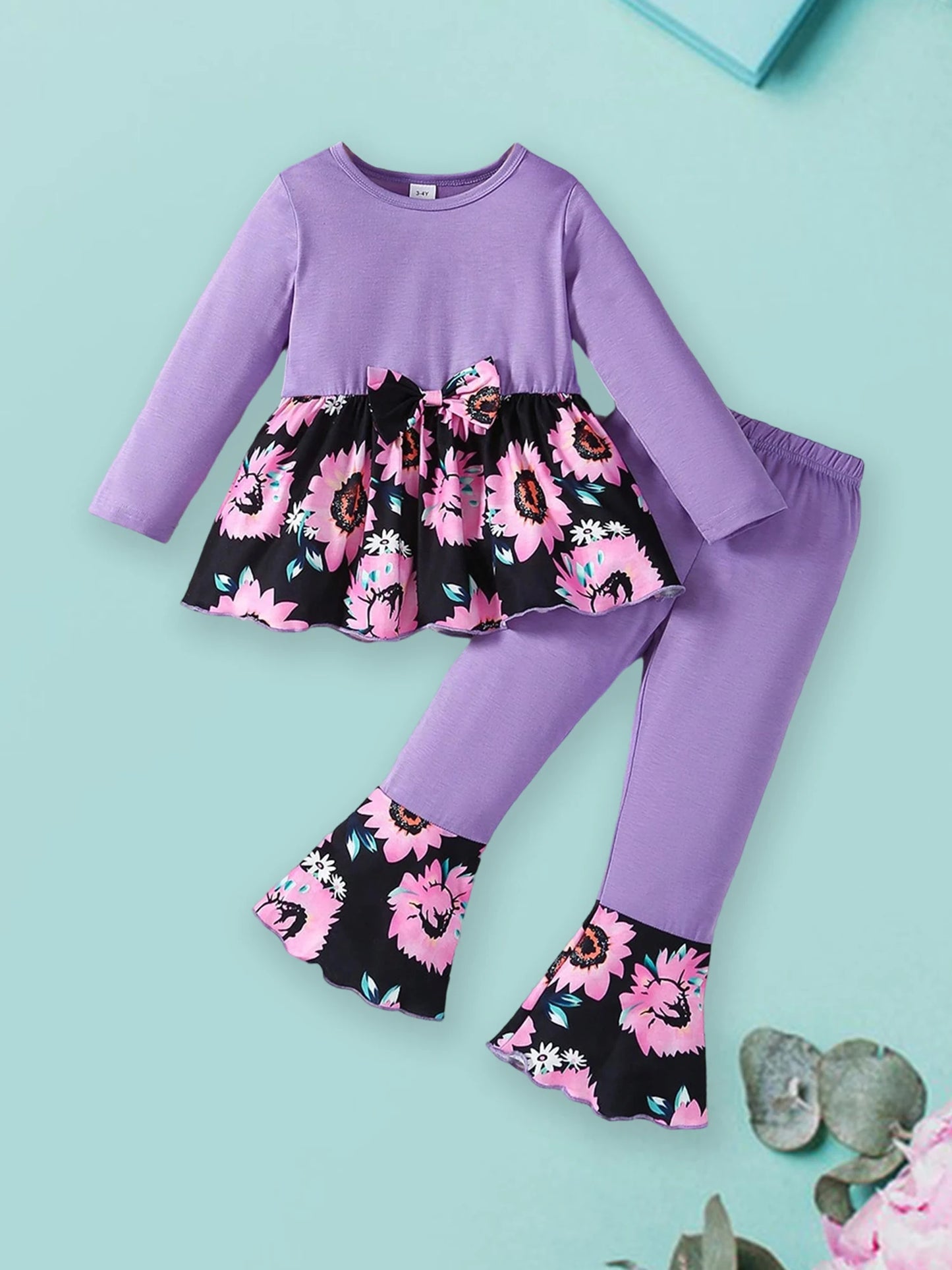 Girls Autumn Fashion Floral Print Round Neck Long Sleeve Top and Flared Pants 2-Piece Outfit Set for Kids
