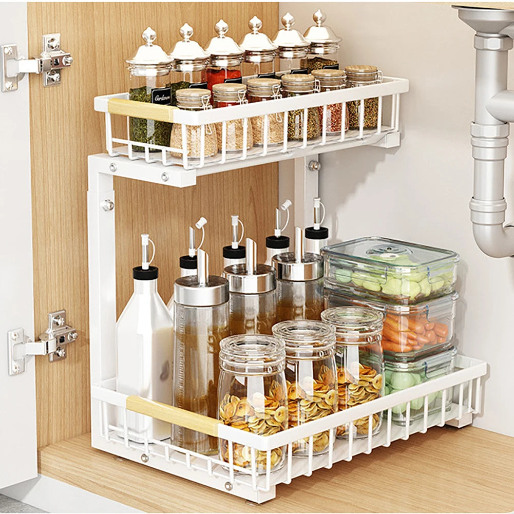 Under Sink Organizer, Pull Out Cabinet Organizer 2 Tier Slide Out Sink Shelf, Carbon Steel Cabinet Storage Shelves For Kitchen