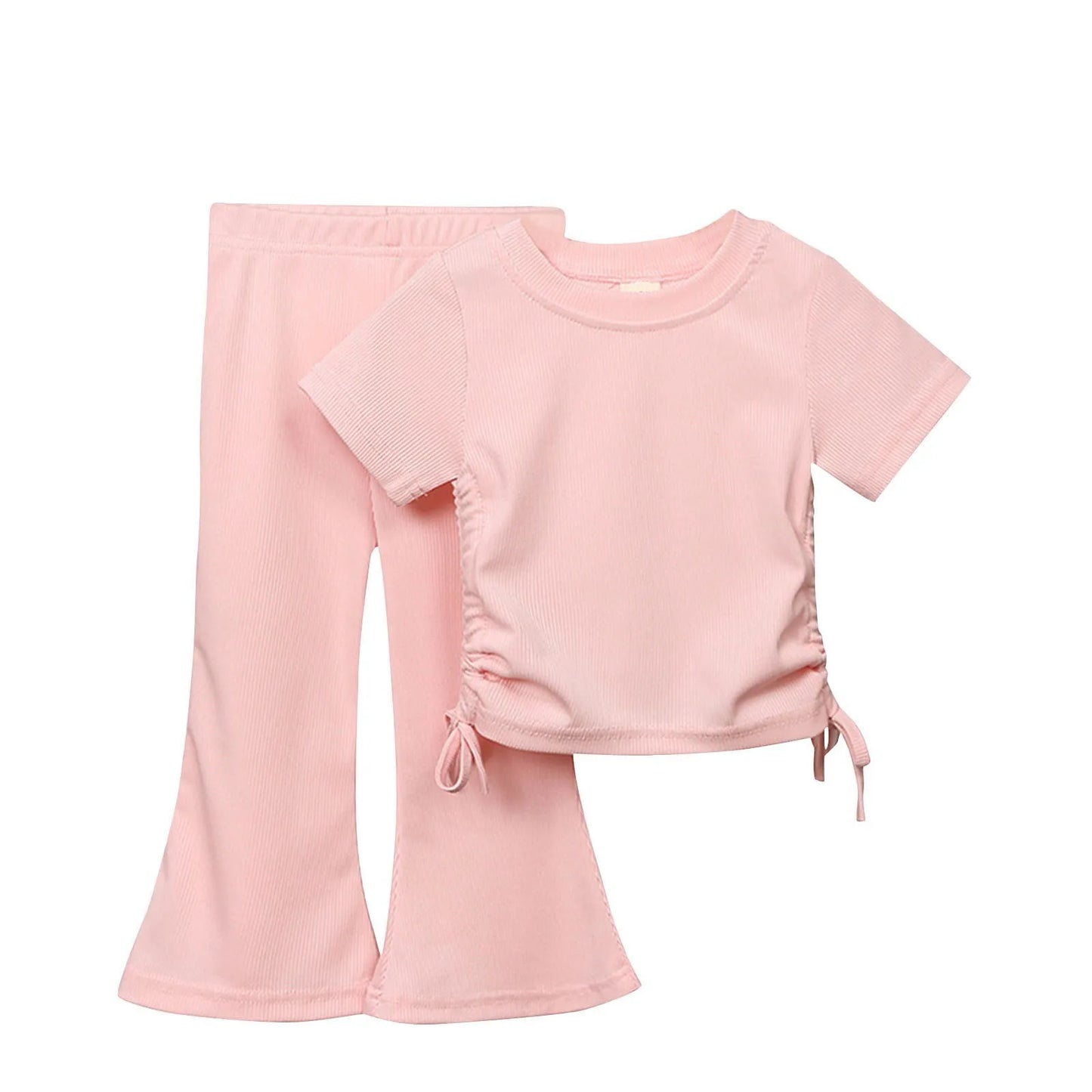 New Korean Short sleeved Set Summer Solid Color Pullover Top+Flare Pants Thin Casual Two Piece Set Suitable for Girls Aged 2-8