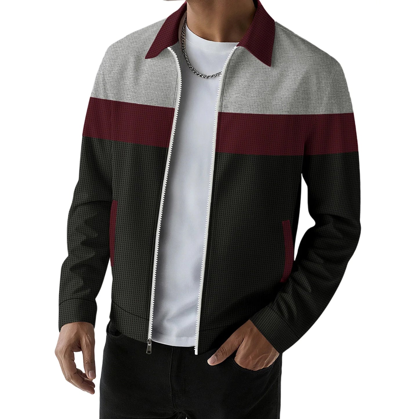 Men s Casual Lapel Collar Zip Up Jacket with Patchwork Design Pockets and Stylish Outerwear for Fall Fashion