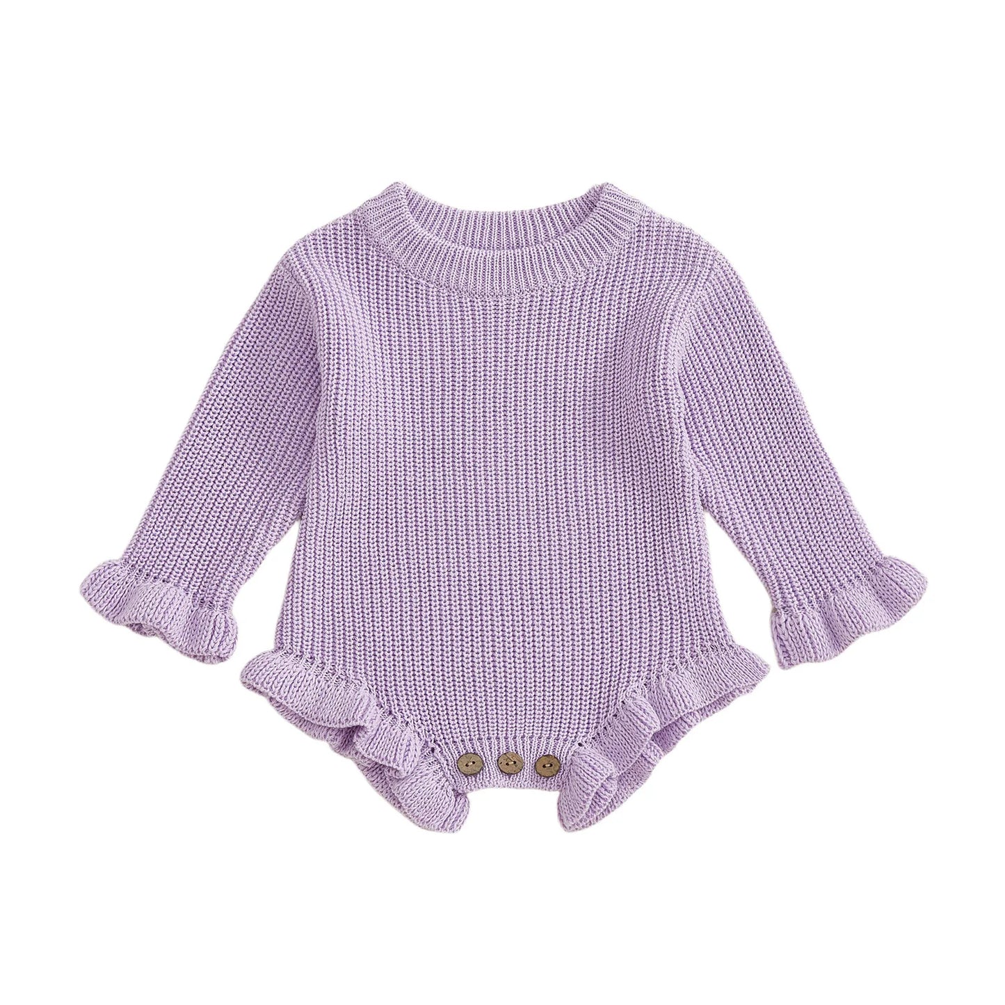 Infant Autumn Knitted Bodysuit with Ruffled Sleeves and Round Neckline Solid Color Sweater Jumpsuit for Baby Girls