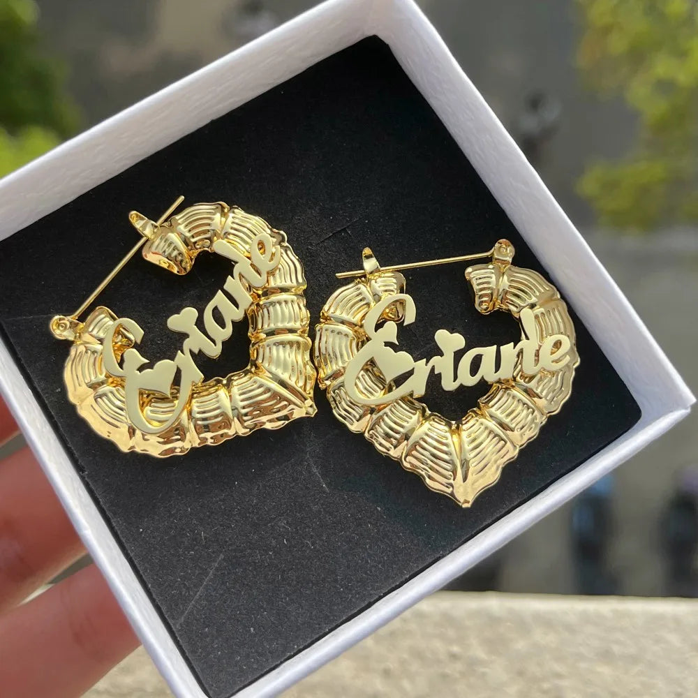 Duoying Custom Name Earrings Heart Shape 30mm Bamboo Hoops