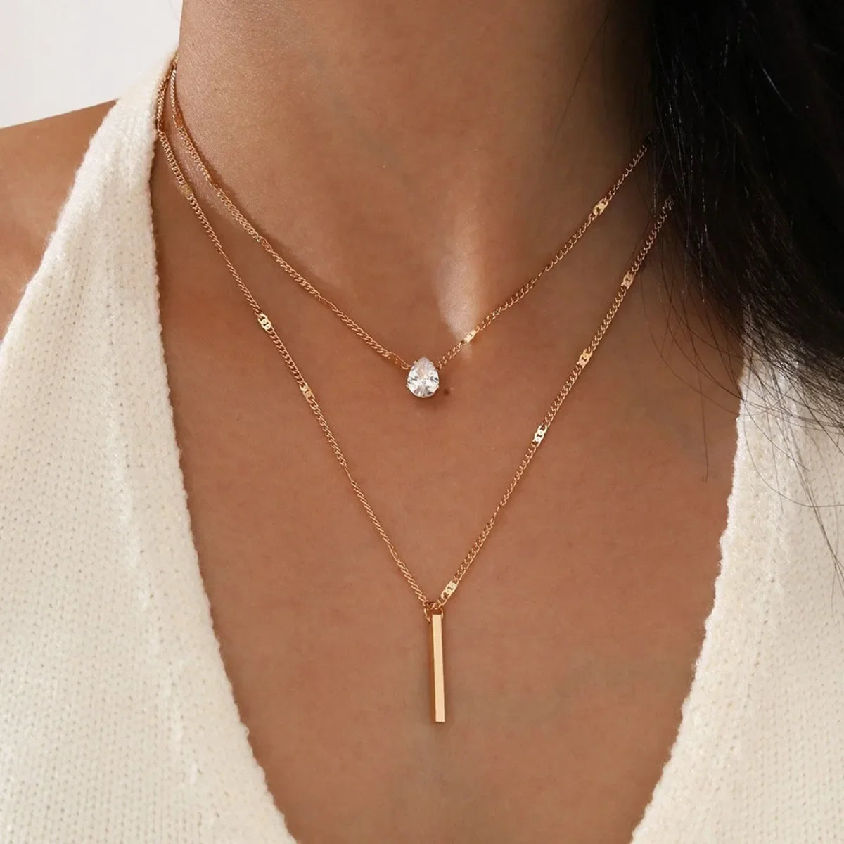 Multi-layer Five-pointed Star Heart Shape Water Drop Pendant Chain Necklace Alloy Material Glass Collarbone Chain Sexy Women's