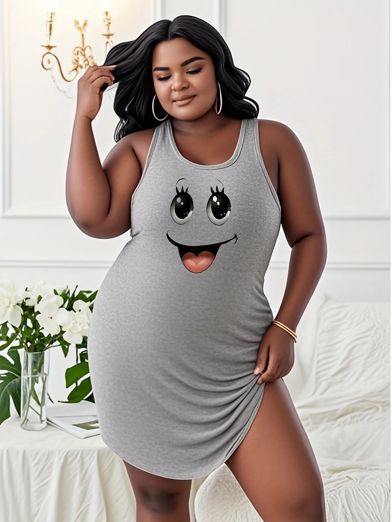 Lady Summer plus size smile Print On White printed t shirt dress Ghost smile Print On White