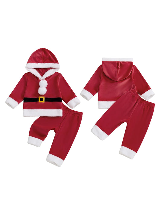 Kids Girls Boys Christmas Santa Claus Costume Long Sleeve Hooded Sweatshirt with Pants Outfit Cosplay Set for Holiday Party