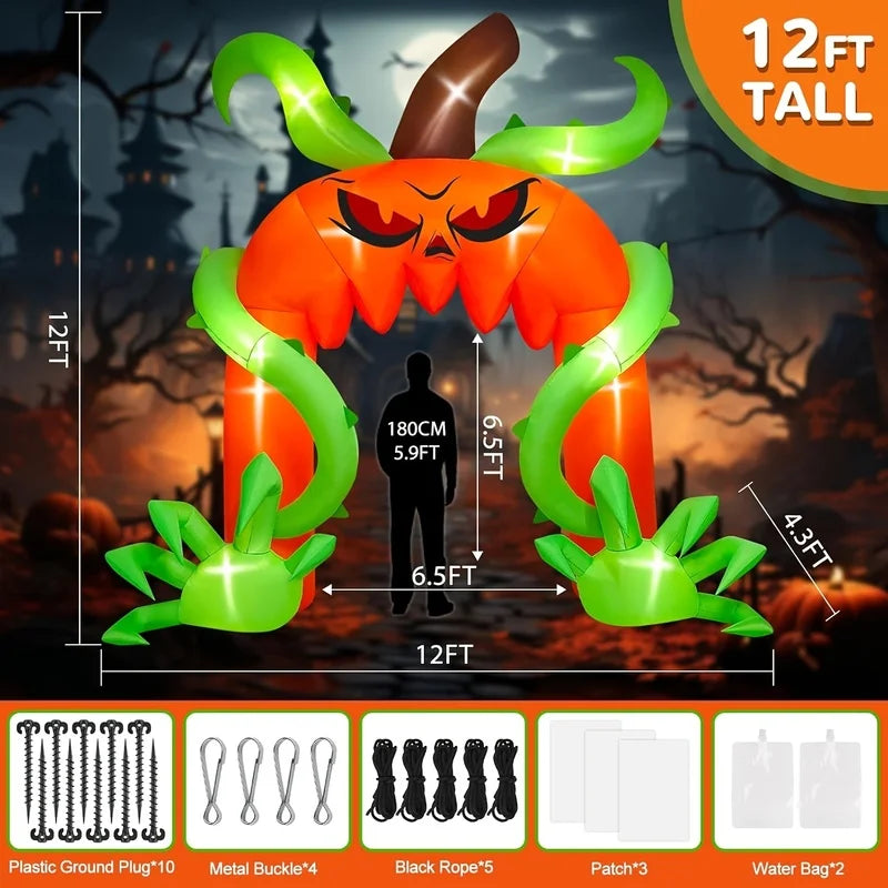 Kalolary 12FT Halloween Arch Balloon, Giant Pumpkin Arch Balloon with LED Lights, Scary Halloween Outdoor Balloon Decoration,