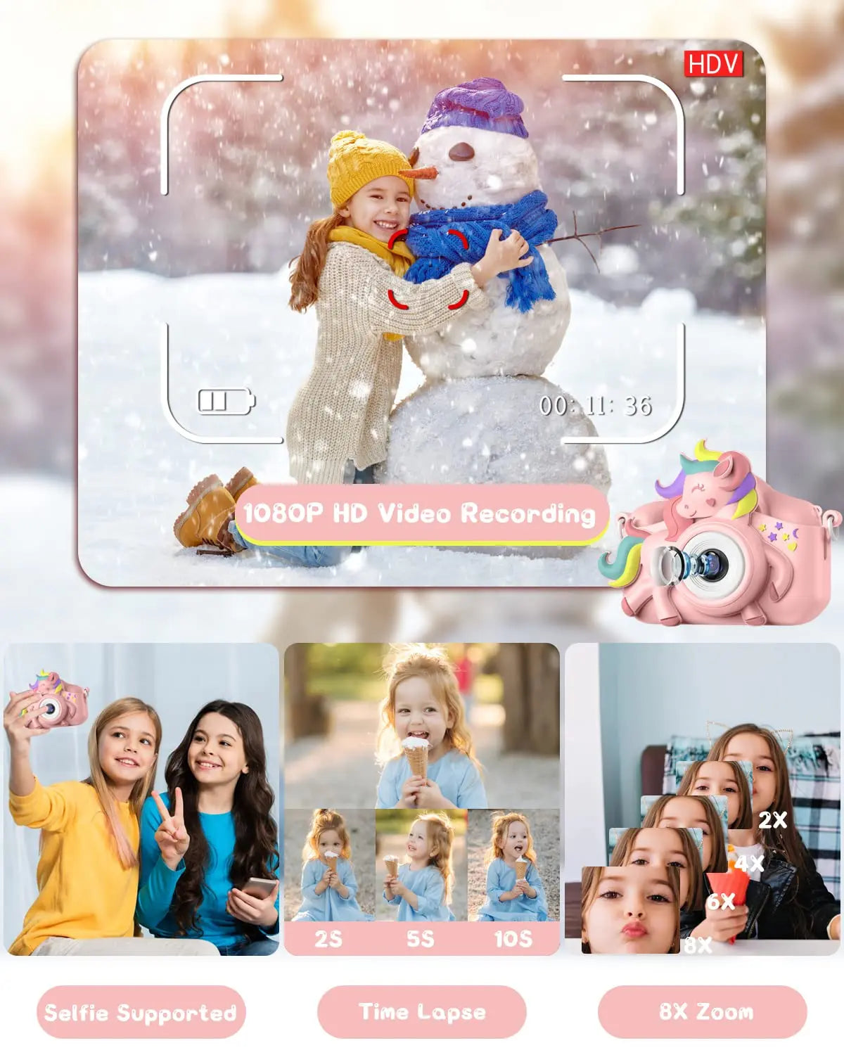 2.0" Kid's Camera 20MP 1080P HD Toddle Selfie Camera Cute Cartoon Digital Cmaera Toy With 32GB Card Gift For Girls & Boys