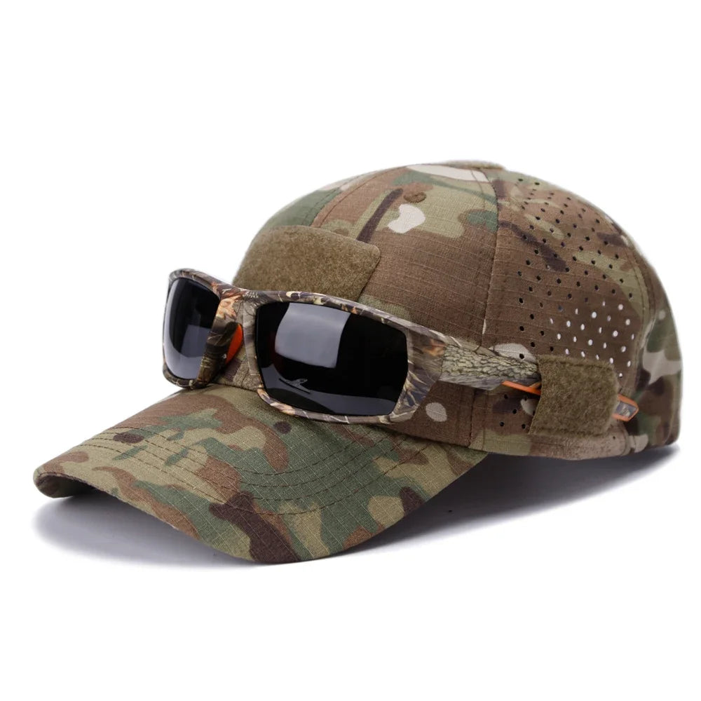 Men Camouflage Baseball Cap Breathable Sunscreen Hat for Outdoor Sports Hiking Fishing Sun Hat with Velcro Can Hang Sunglasses