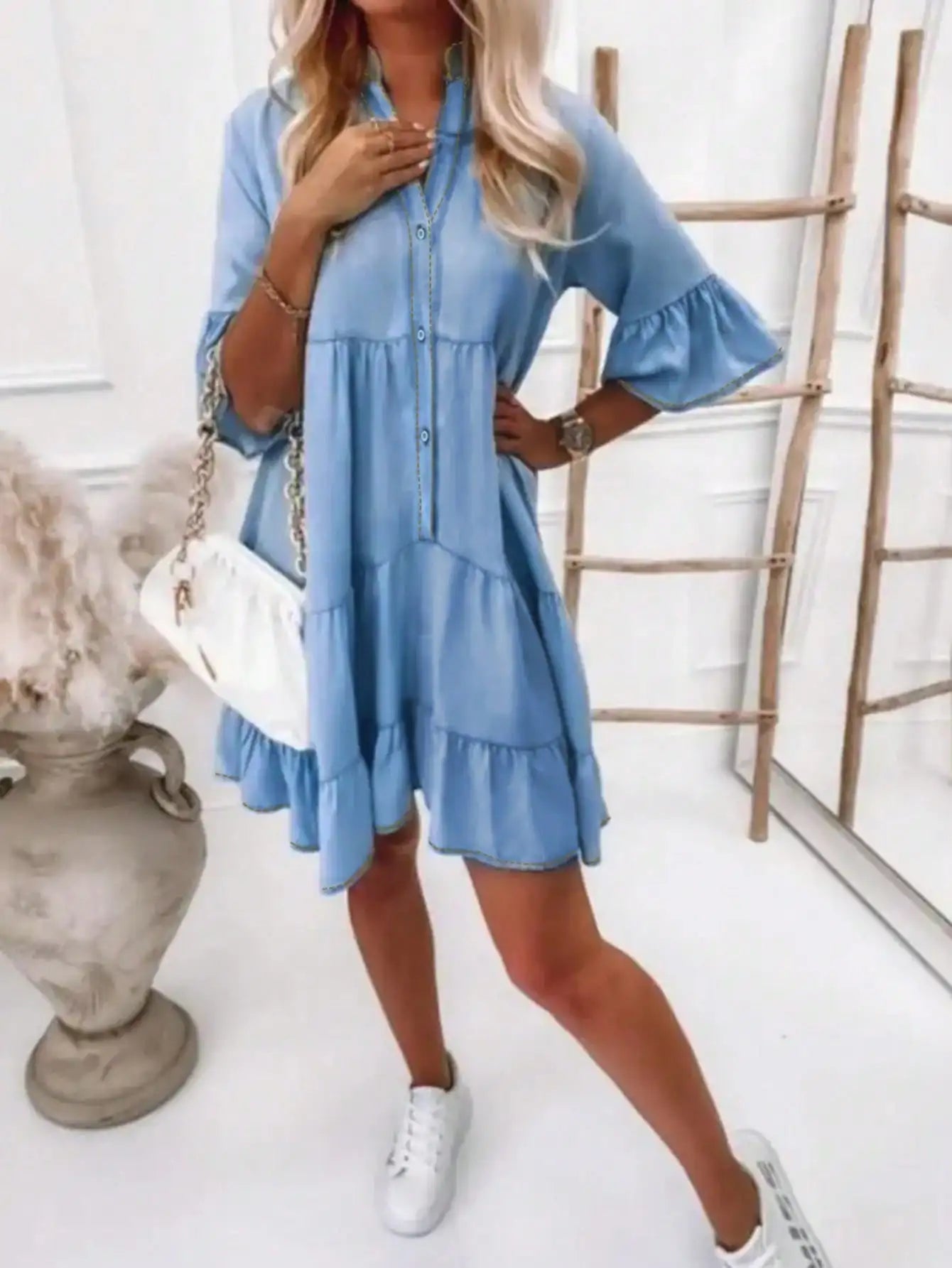 Women's denim dress doll layered short sleeved button denim shirt dress