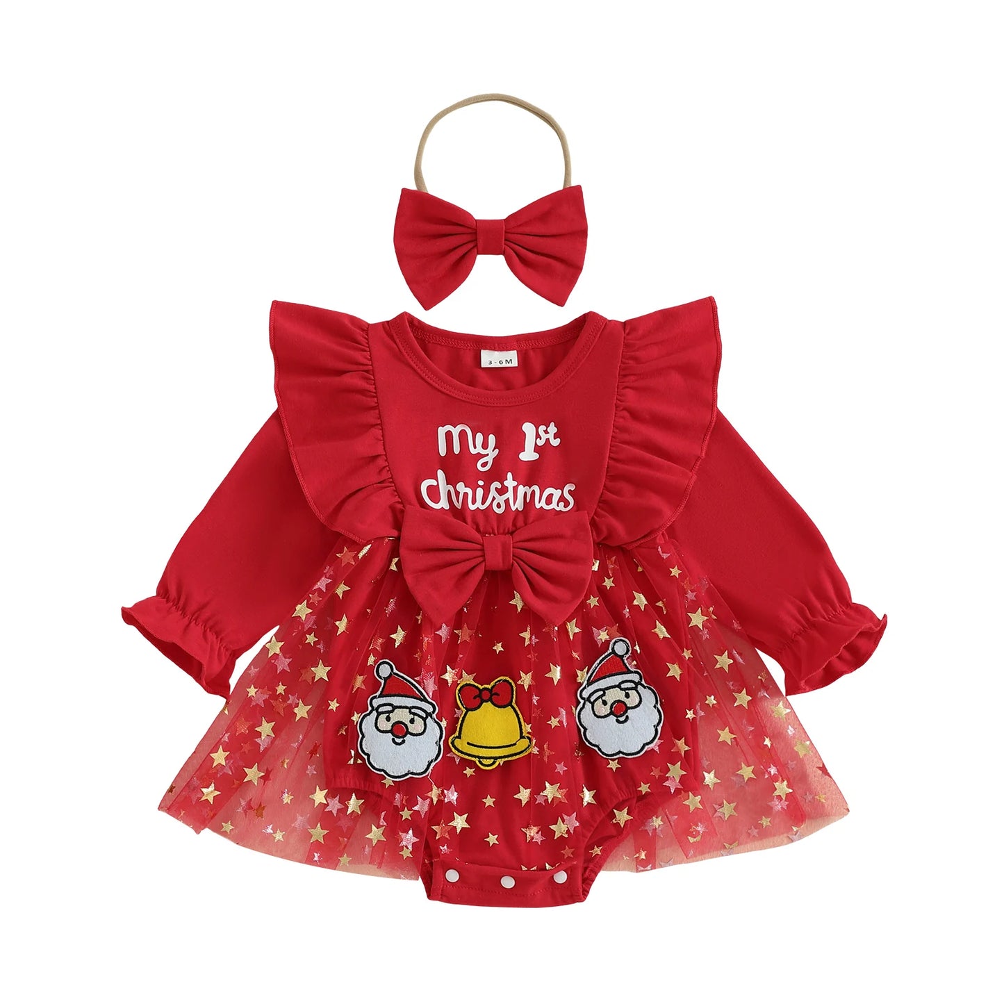 Toddler Girl Christmas Reindeer Print Long Sleeve Romper Dress with Matching Headband and Bow - Festive Holiday Outfit