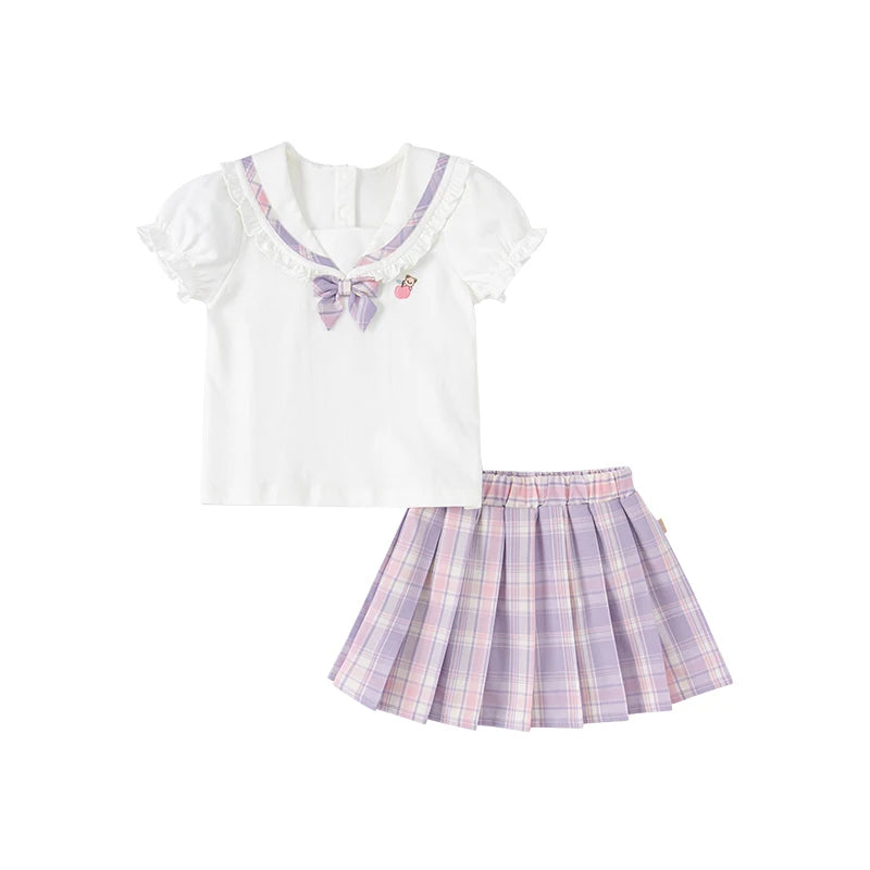 Dave Bella Girls Short Sleeve Blouse Skirt Sets Plaided Sunmmer Clothes Two-Pieces Shirt Skirt Suit Children Clothes DBK2221925