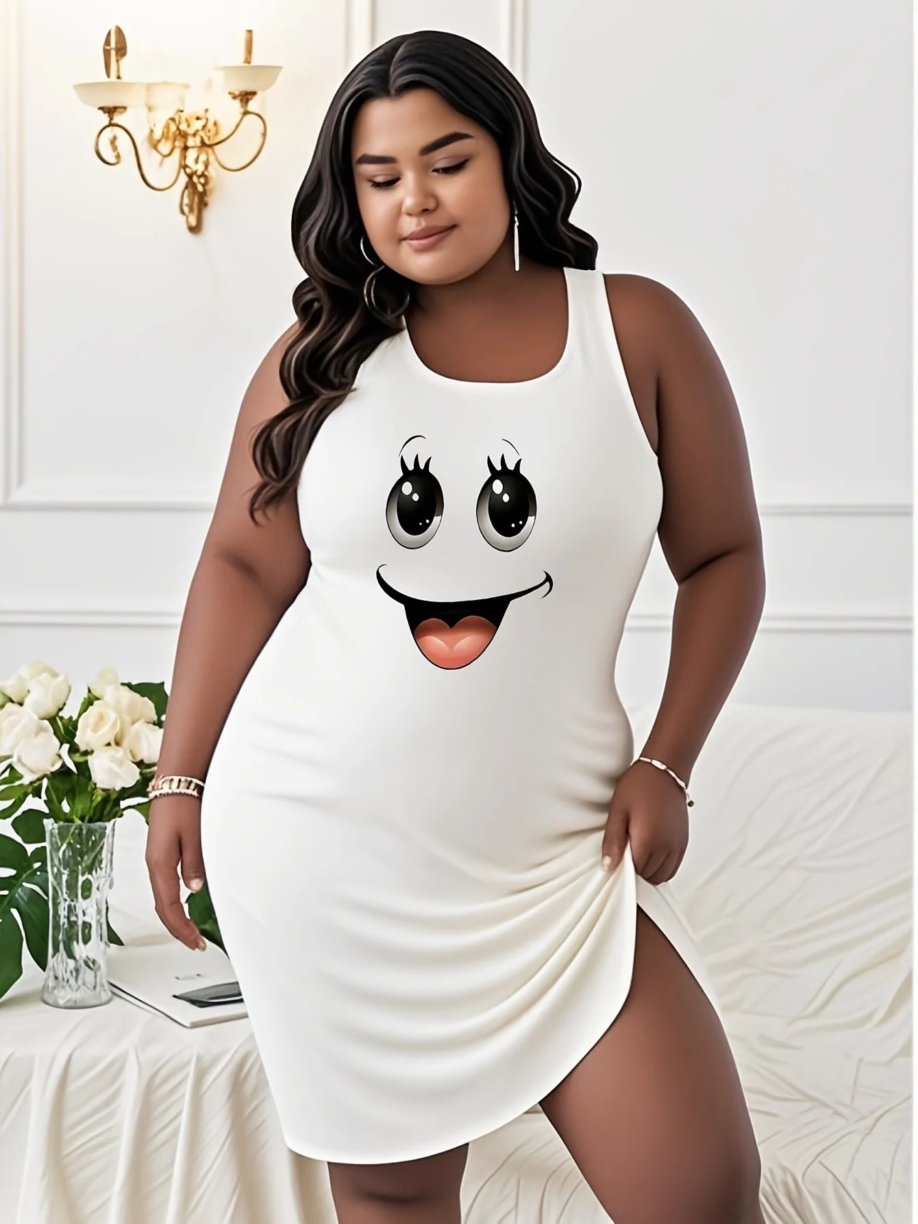 Lady Summer plus size smile Print On White printed t shirt dress Ghost smile Print On White